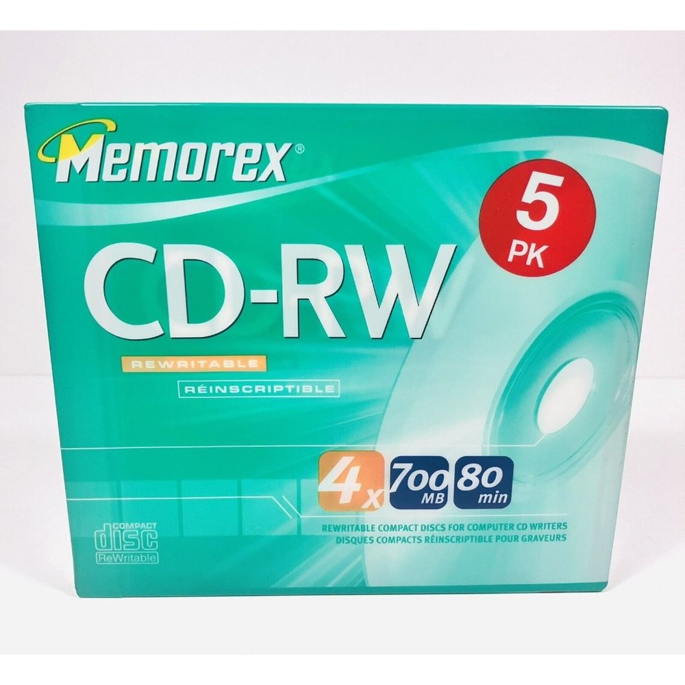 NEW Memorex CD-RW Rewritable 5 Pack 4x 700MB 80 Minutes with Slim Jewel Cases